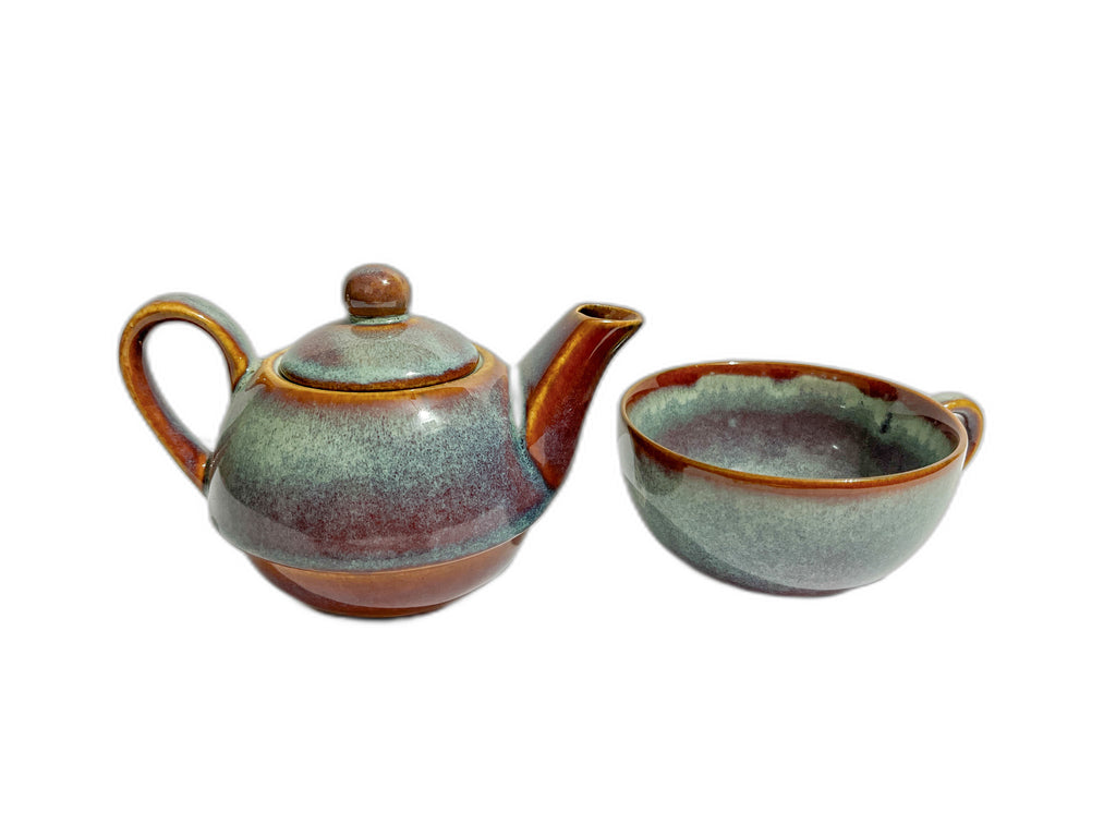 Stone Blue Double-Decker Teapot for One – Ceramic Tea Pot & Cup Set