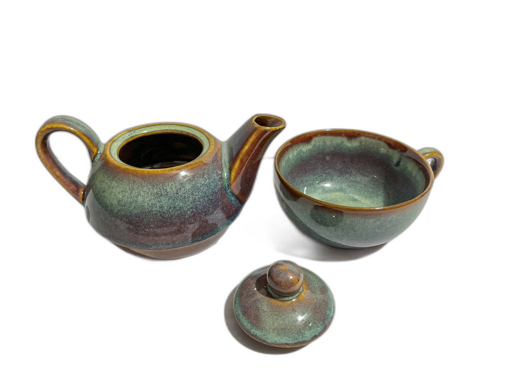 Stone Blue Double-Decker Teapot for One – Ceramic Tea Pot & Cup Set
