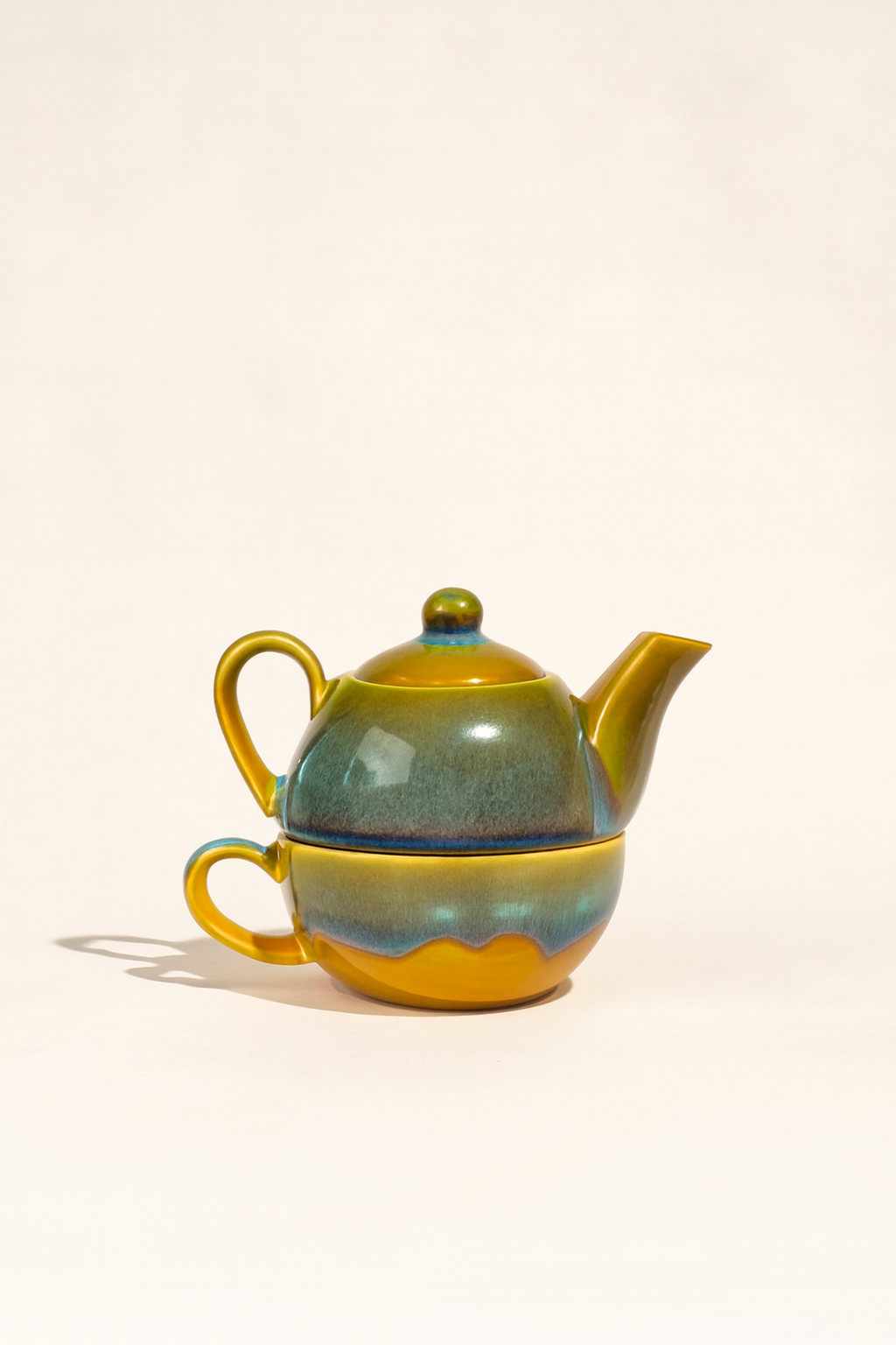 Stone Yellow Double-Decker Teapot for One – Ceramic Tea Pot & Cup Set