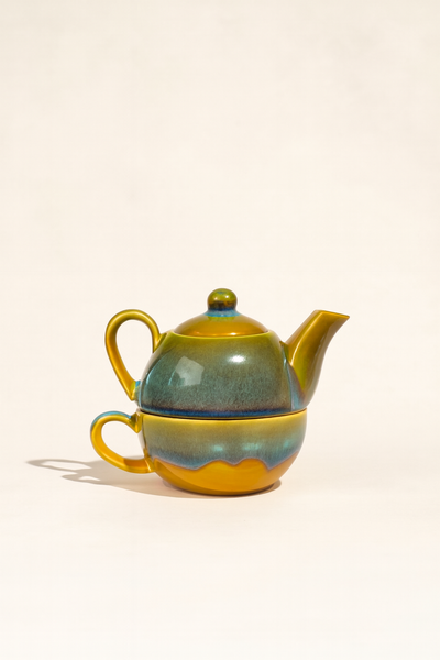 Stone Yellow Double-Decker Teapot for One – Ceramic Tea Pot & Cup Set