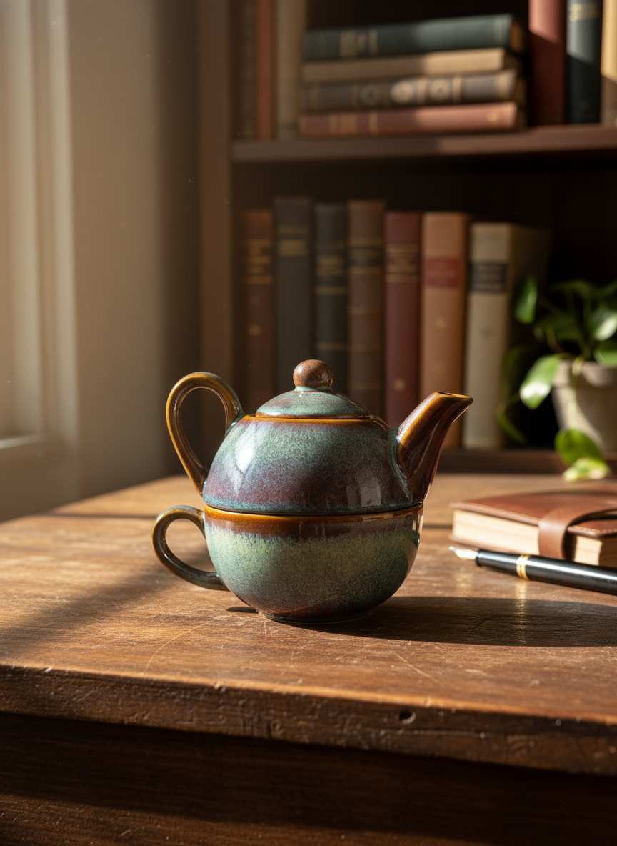 Stone Blue Double-Decker Teapot for One – Ceramic Tea Pot & Cup Set