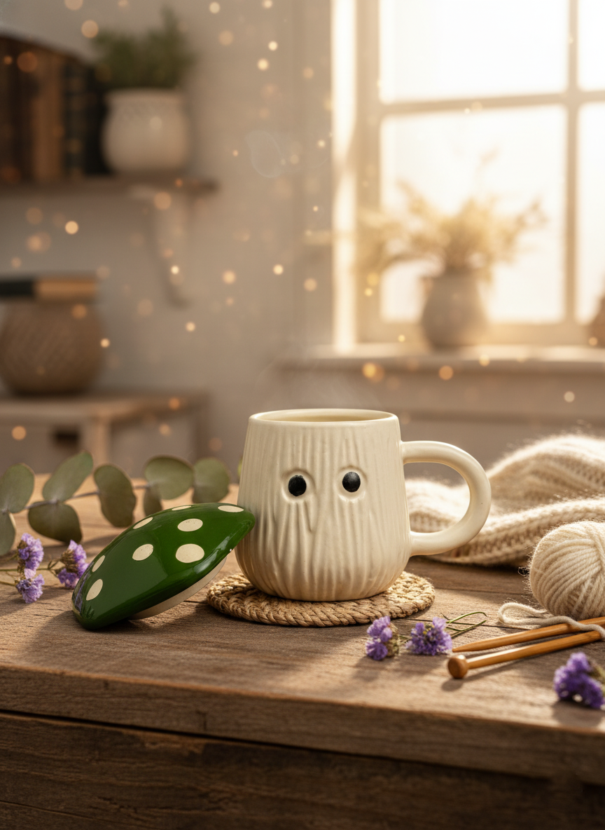 Ceramic Mushroom White Mug with Lid