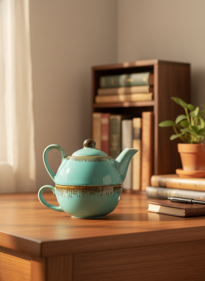 Blue Ceramic double decker Teapot for One – Small Tea Pot & Cup Set