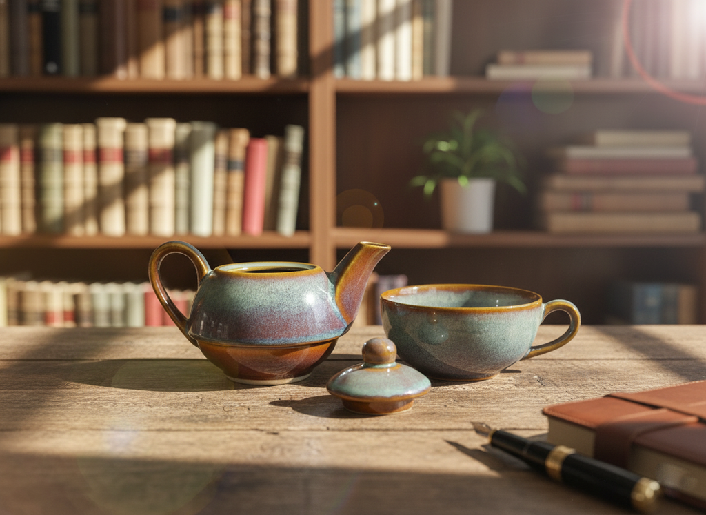 Stone Blue Double-Decker Teapot for One – Ceramic Tea Pot & Cup Set