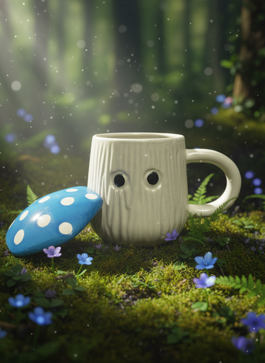 Ceramic Mushroom White Mug with Lid