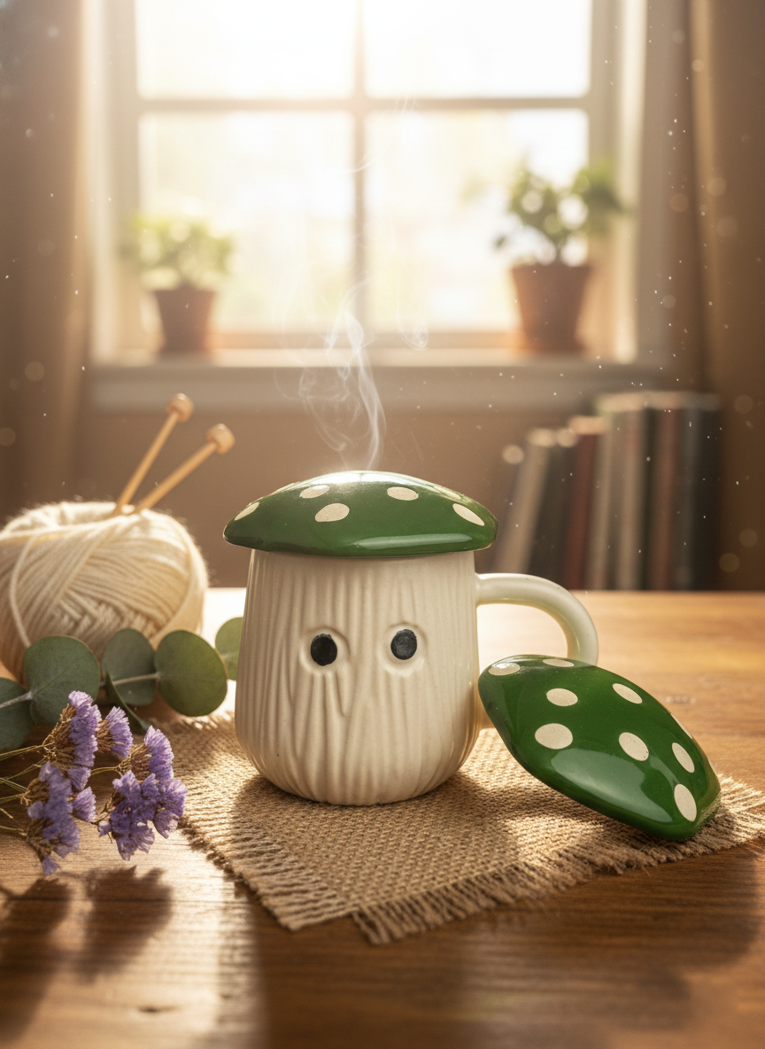 Ceramic Mushroom White Mug with Lid