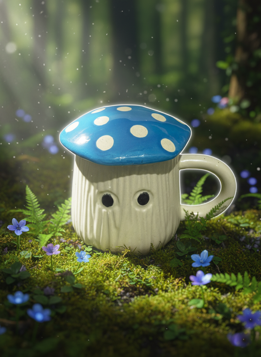 Ceramic Mushroom White Mug with Lid